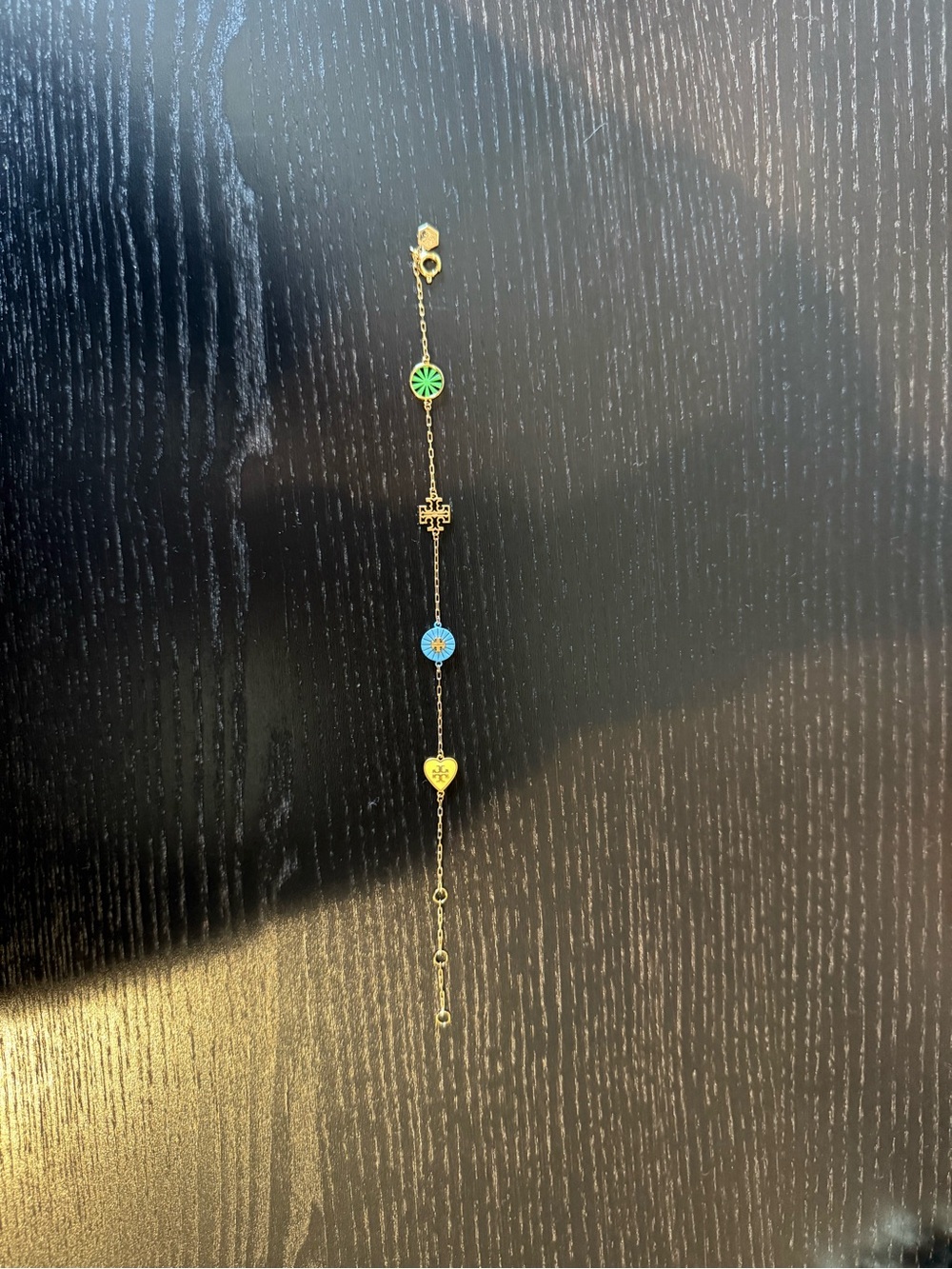 (SOLD) Tory Burch Gold Tone Bracelet with Green and Blue Enamel Charms